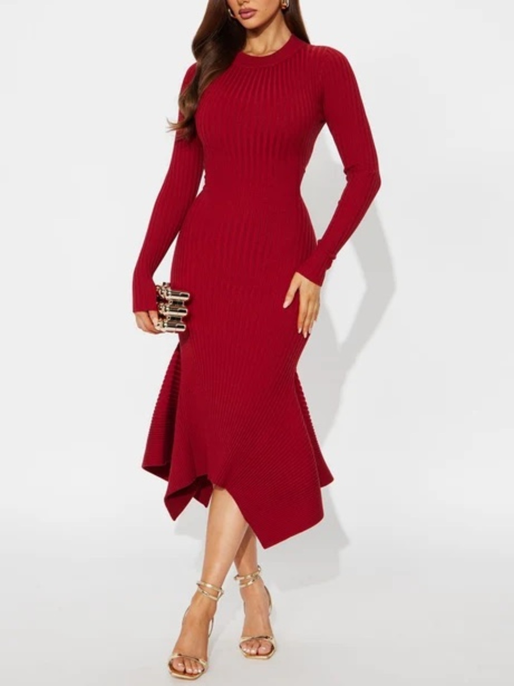 Fashion Nova Rare Catch Long Sleeve Ribbed Midi Dress Wine S NWT